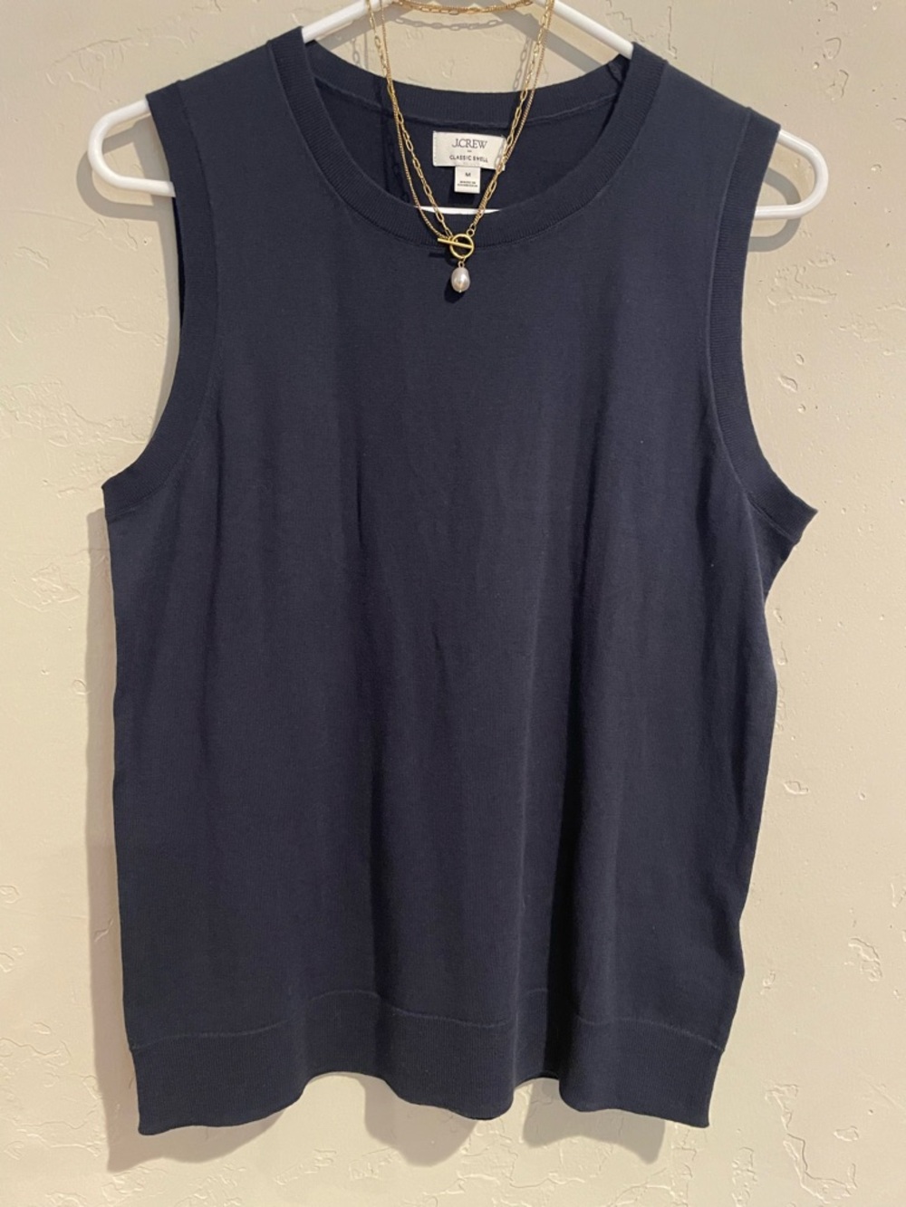 J.Crew Factory Dark Navy Sleeveless Knit Tank with Gold tone necklace.